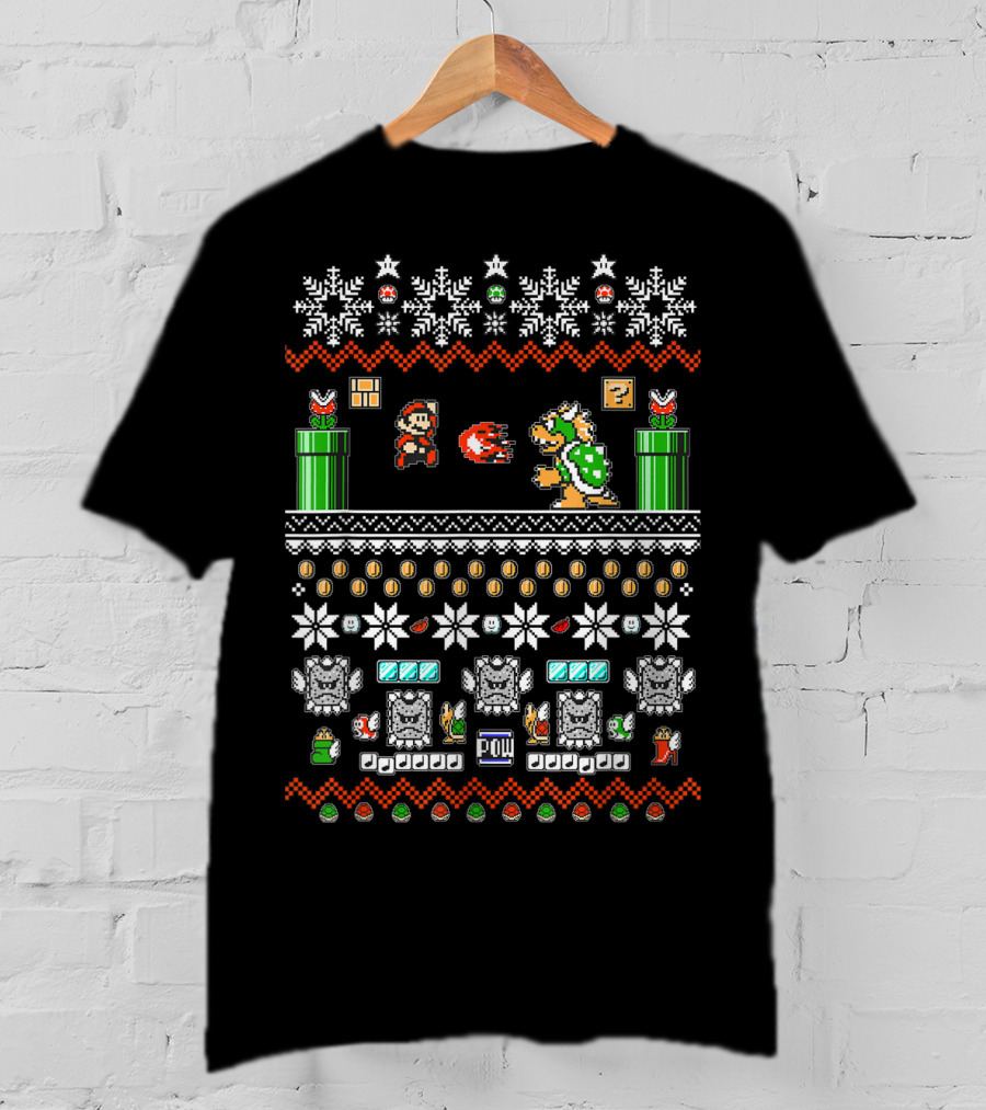 Super Mario And Bowser Pixel Art Holiday Theme With Coin And Mushroom Elements T-Shirt