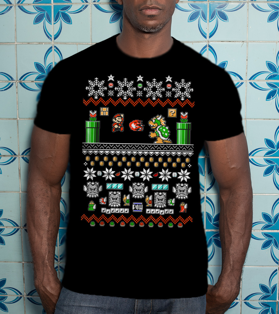 Super Mario And Bowser Pixel Art Holiday Theme With Coin And Mushroom Elements T-Shirt
