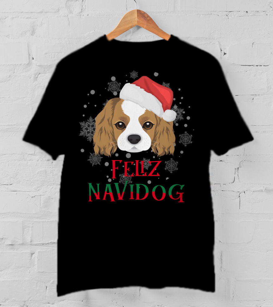 Feliz Navidog Charles Spaniel Santa Hat Snowflakes T-Shirt