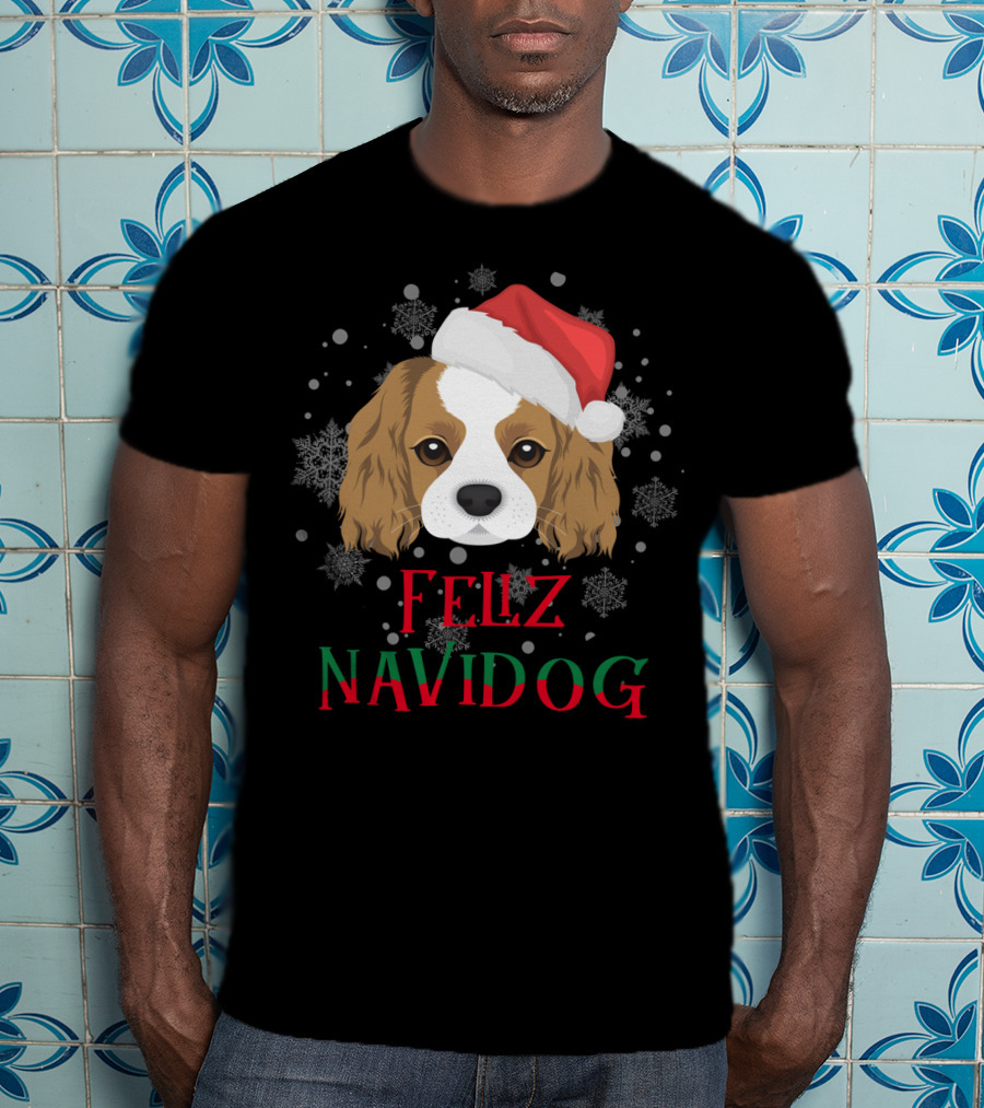 Feliz Navidog Charles Spaniel Santa Hat Snowflakes T-Shirt
