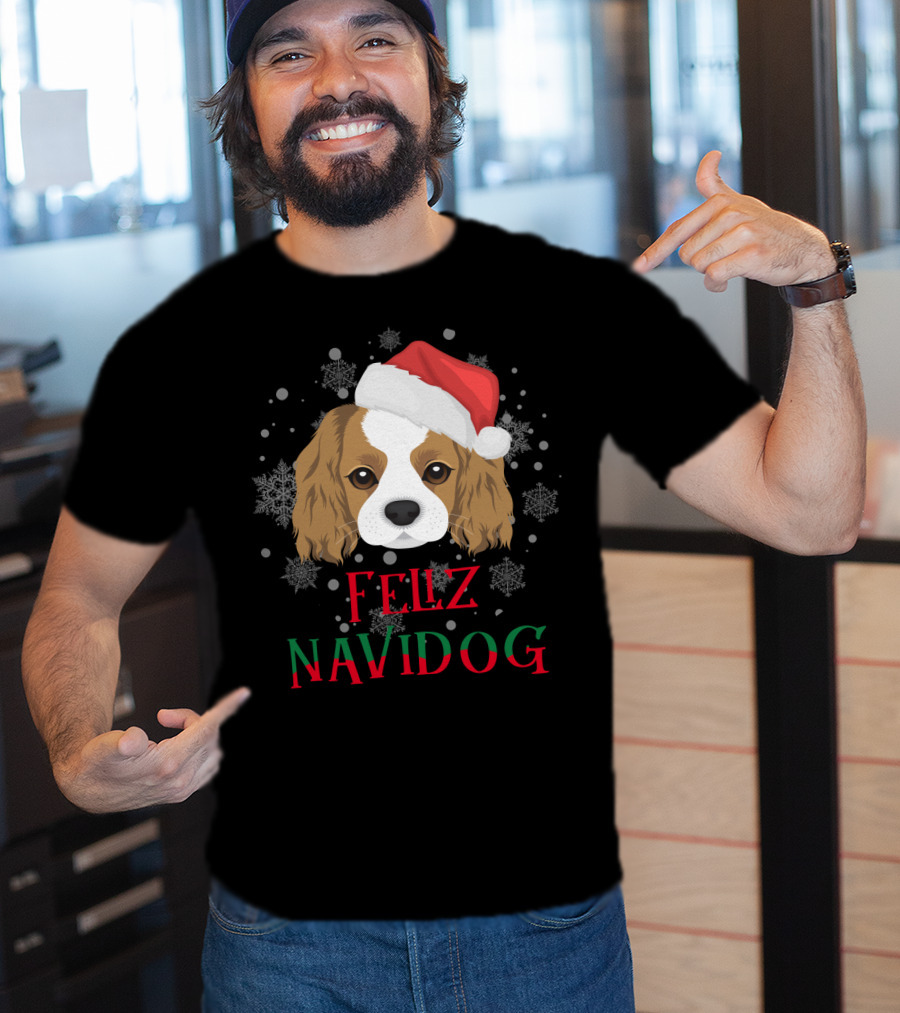 Feliz Navidog Charles Spaniel Santa Hat Snowflakes T-Shirt