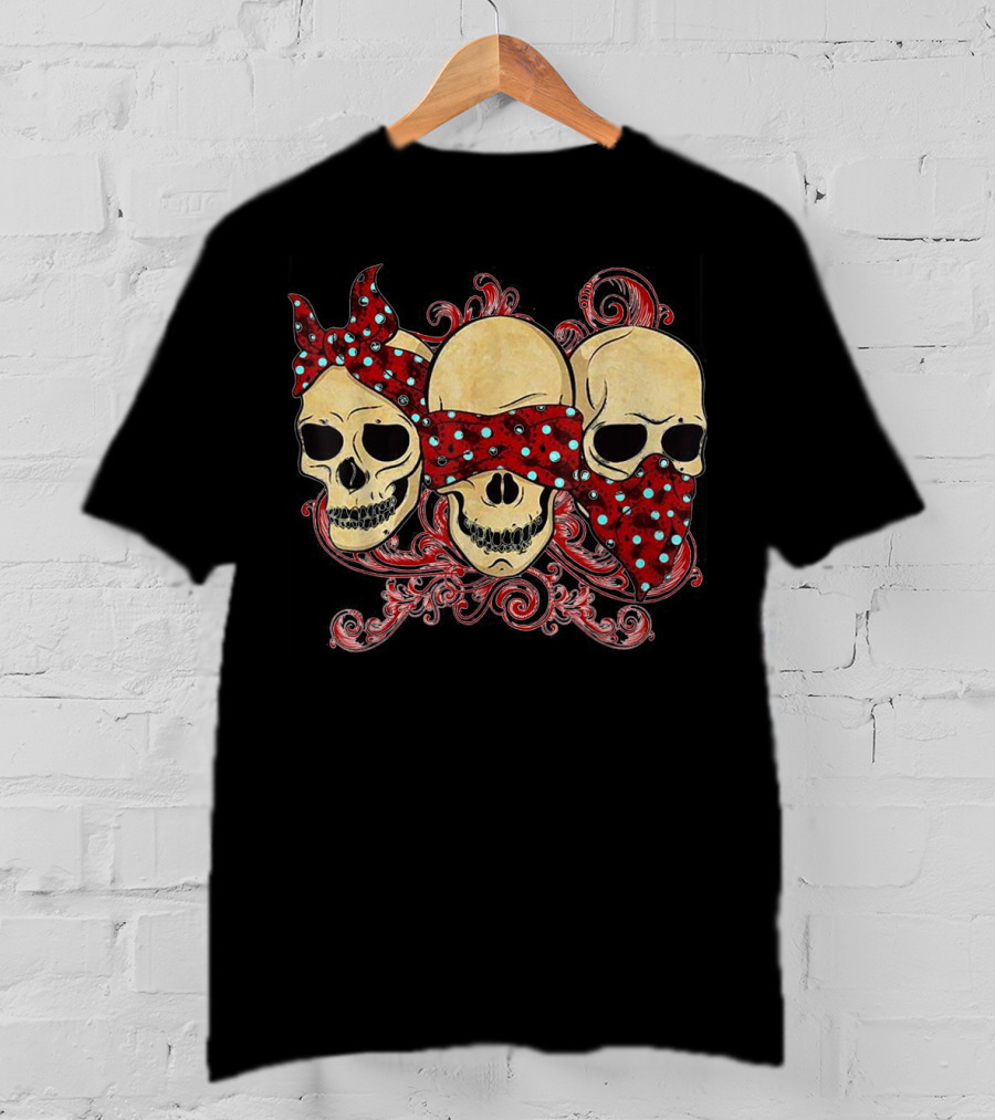 Tattoo Skull See No Evil Hear No Evil Speak No Evil Skulls With Polka Dot Bandanas T-Shirt