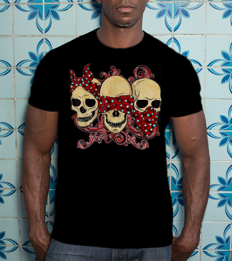 Tattoo Skull See No Evil Hear No Evil Speak No Evil Skulls With Polka Dot Bandanas T-Shirt