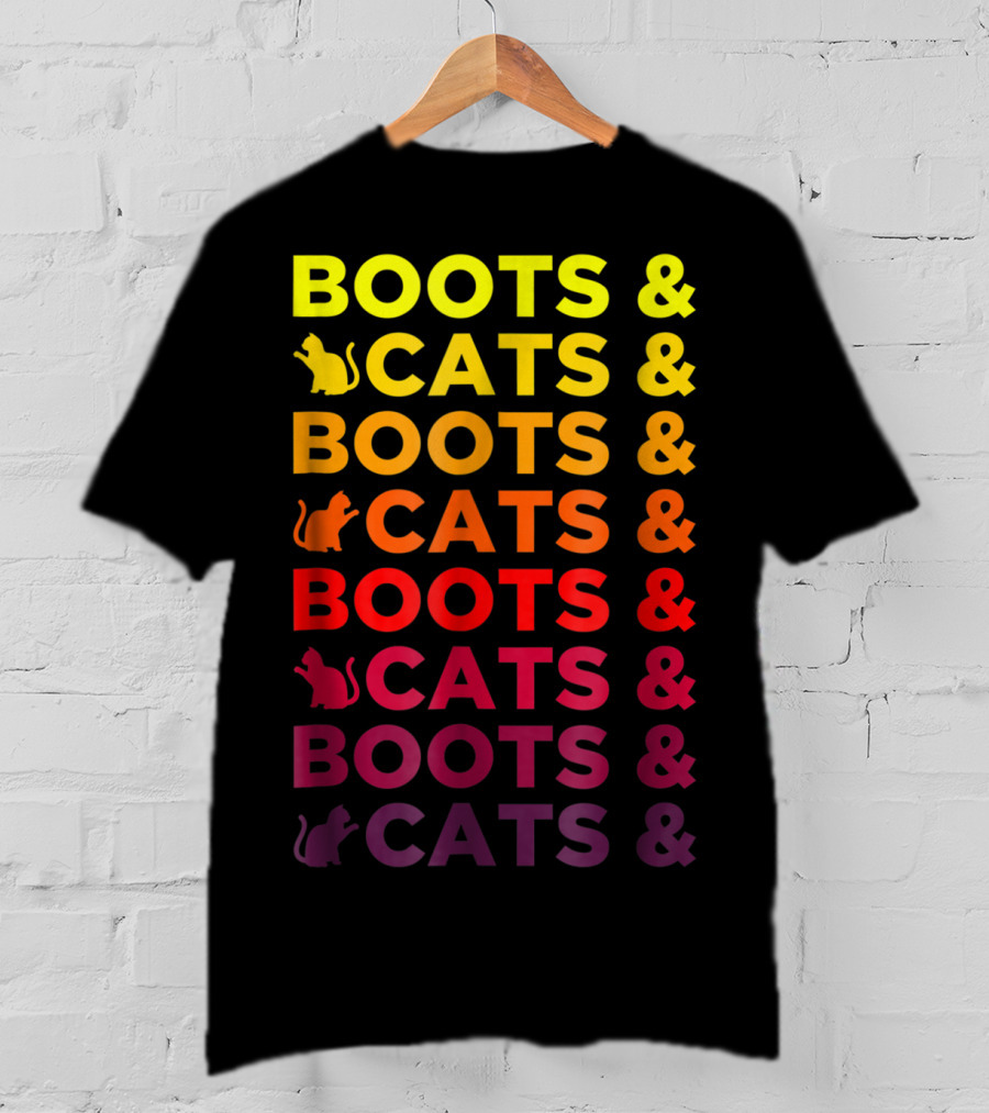 Boots And Cats EDM Rave Festival Funny Repeating Text And Cat T-Shirt