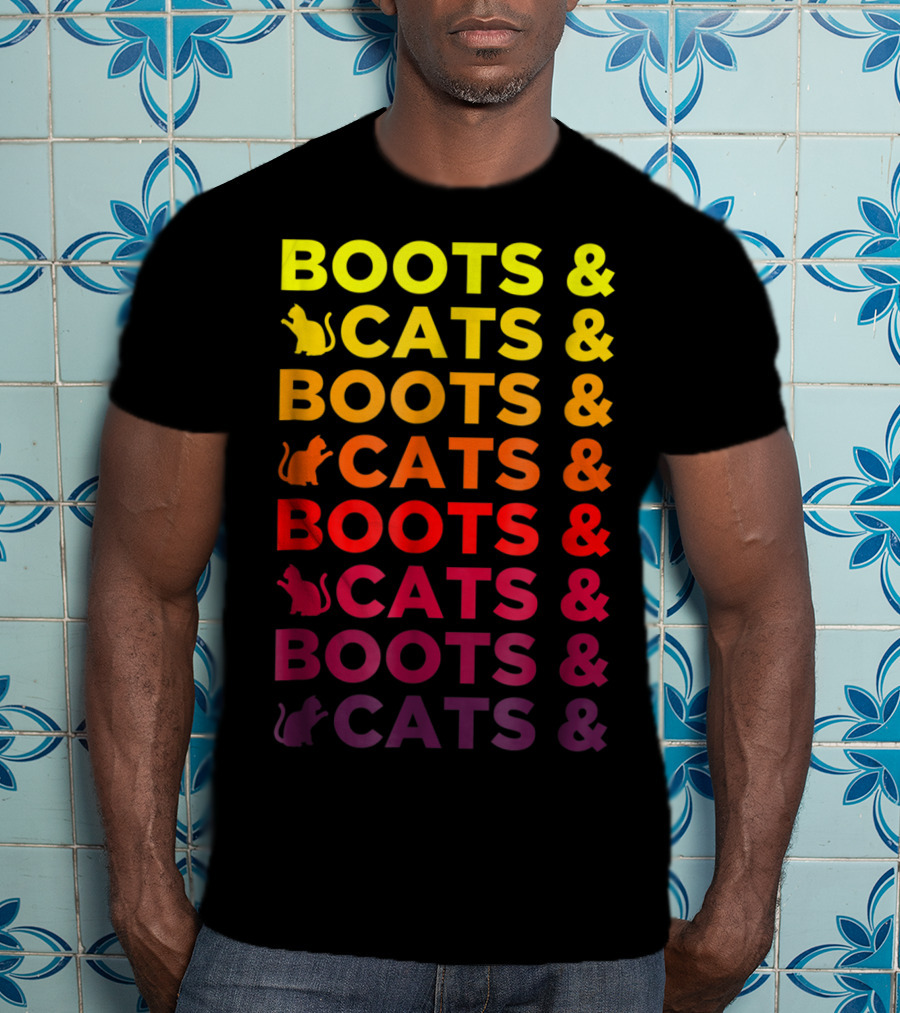 Boots And Cats EDM Rave Festival Funny Repeating Text And Cat T-Shirt