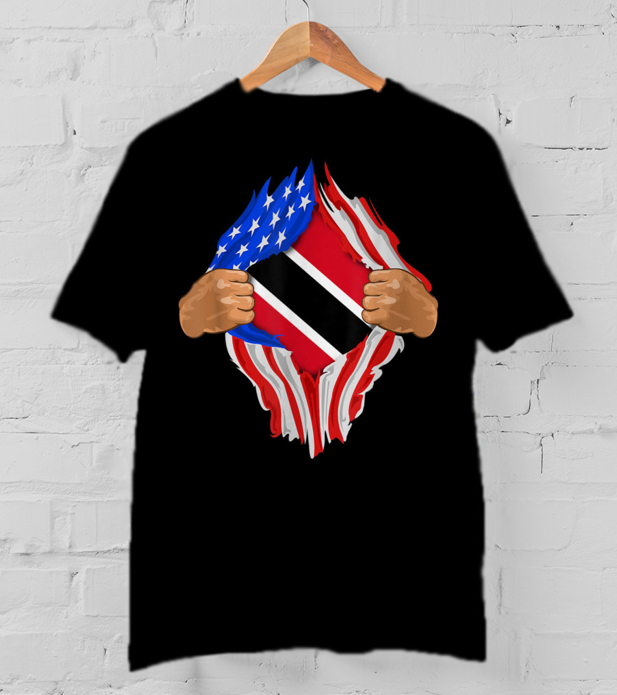 American And Trinidad And Tobago Flag Ripped Open T-Shirt