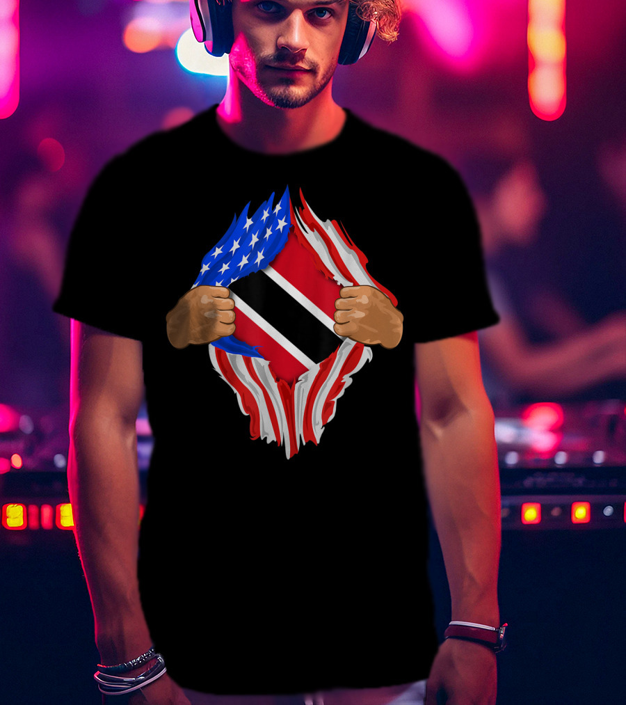 American And Trinidad And Tobago Flag Ripped Open T-Shirt