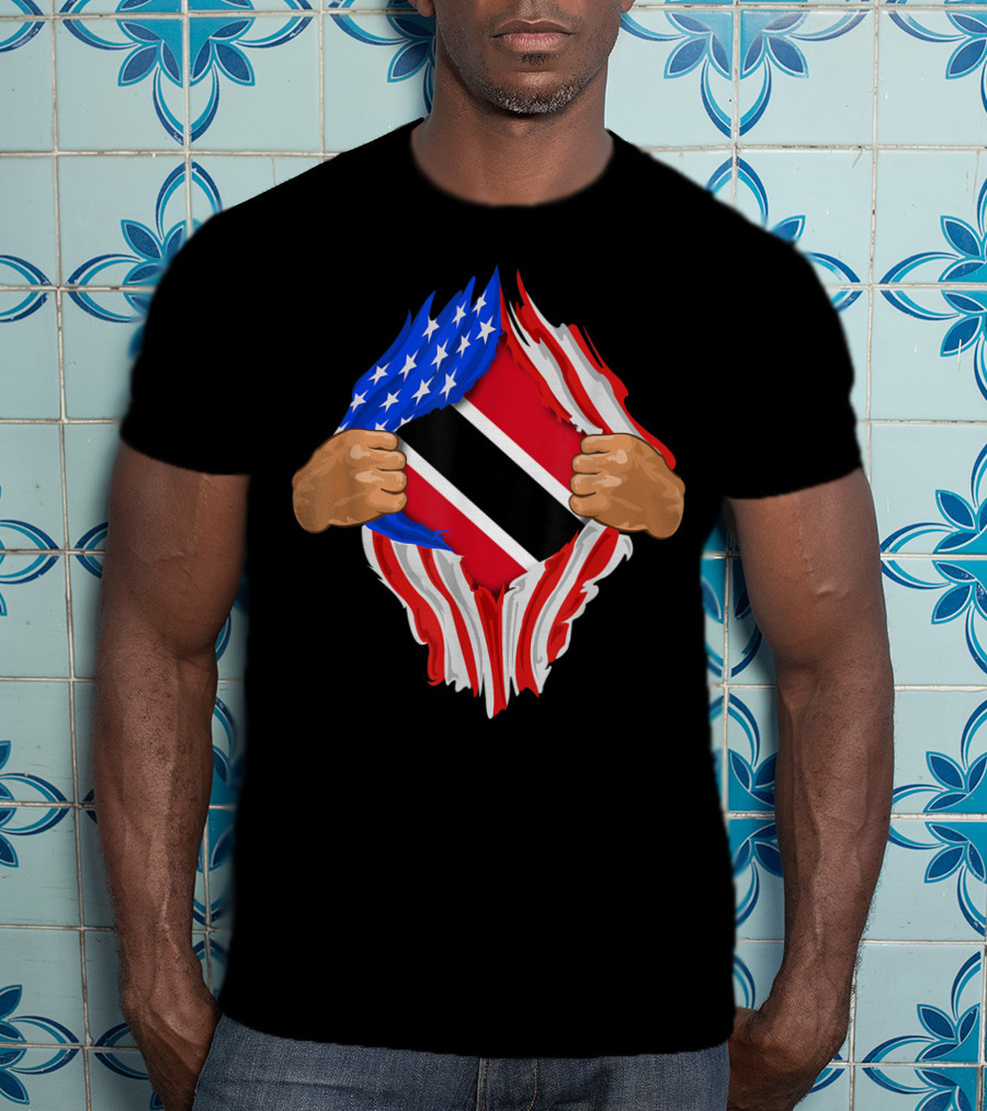 American And Trinidad And Tobago Flag Ripped Open T-Shirt