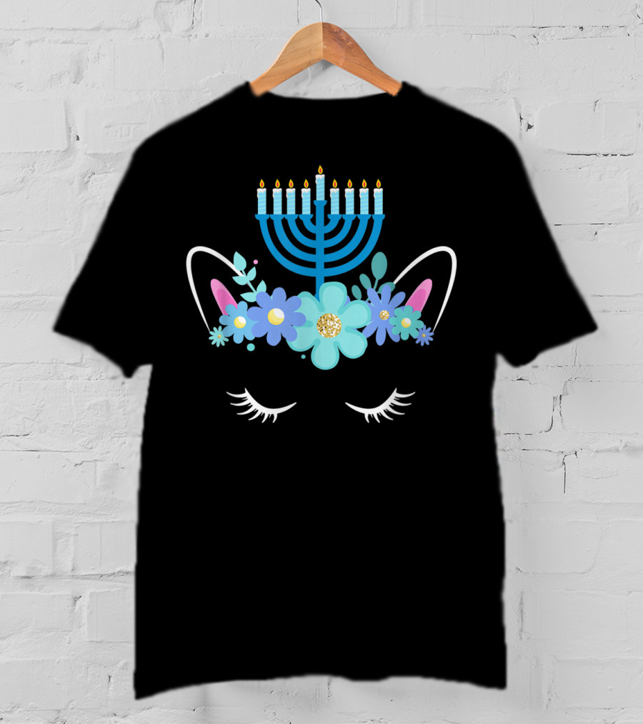 Unicorn Face Hanukkah Menorah Floral Ears Girls T-Shirt