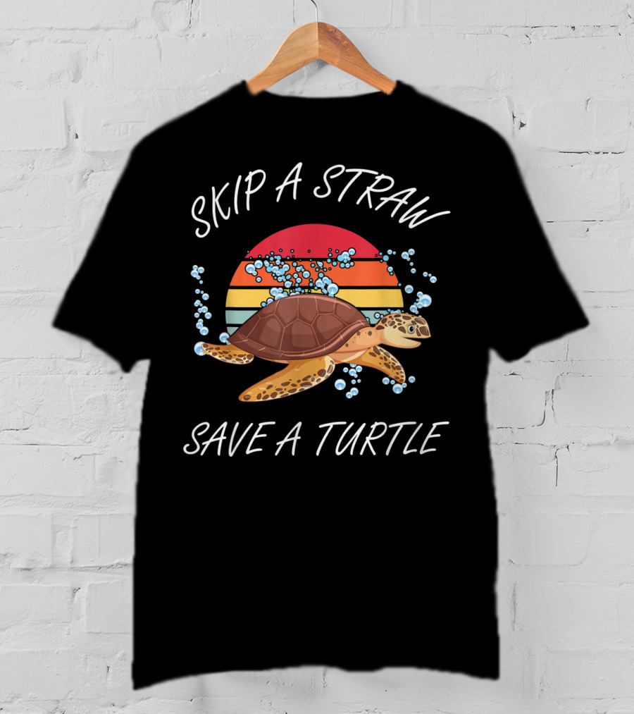 Skip A Straw Save A Turtle Vintage Sunset Turtle Ocean Conservation T-Shirt