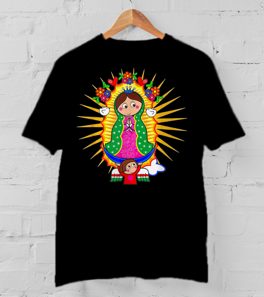 Virgen De Guadalupe Cartoon Mexican Folk Art Angel Children Flowers Sacred Image T-Shirt