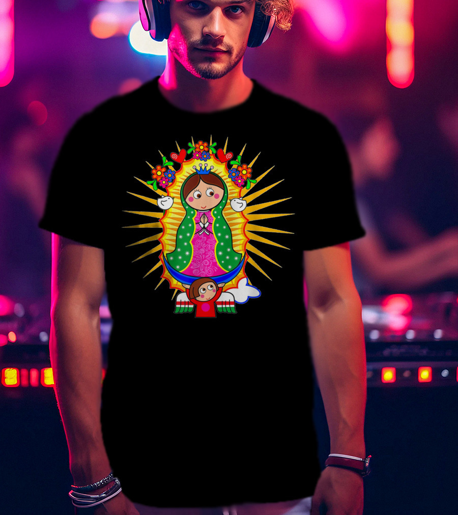 Virgen De Guadalupe Cartoon Mexican Folk Art Angel Children Flowers Sacred Image T-Shirt