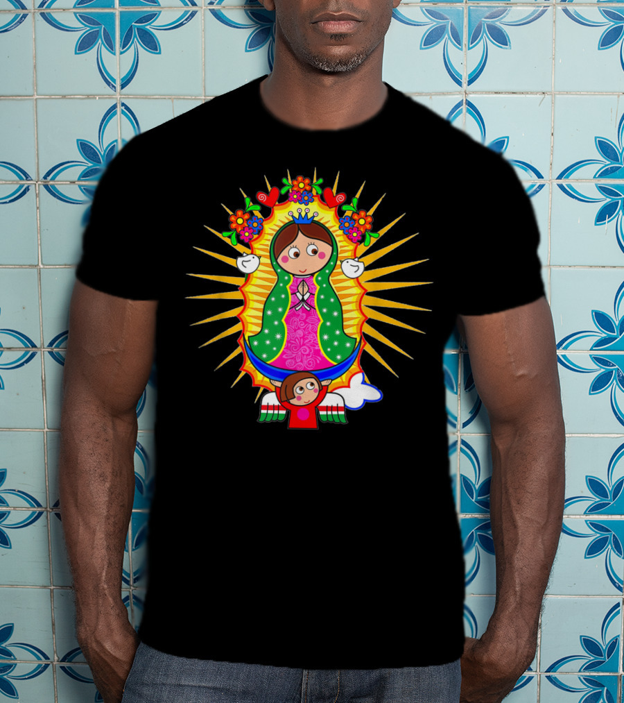 Virgen De Guadalupe Cartoon Mexican Folk Art Angel Children Flowers Sacred Image T-Shirt
