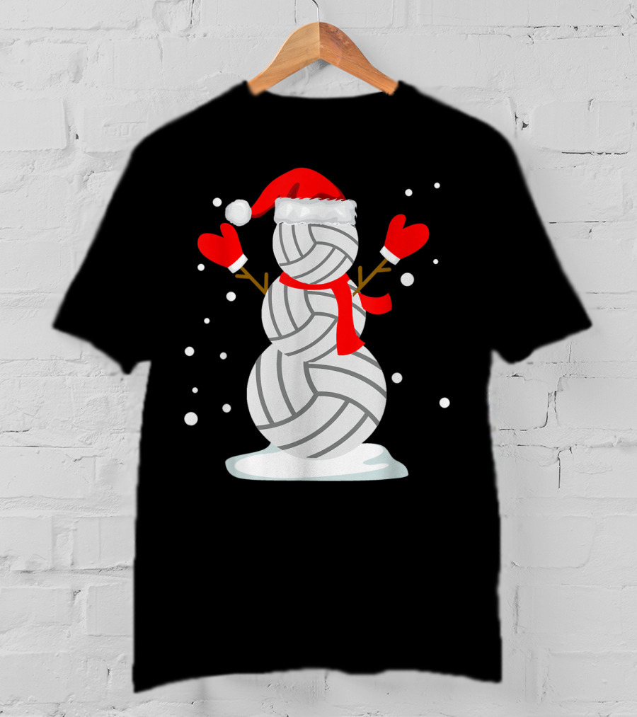 Volleyball Snowman With Santa Hat And Red Mittens T-Shirt
