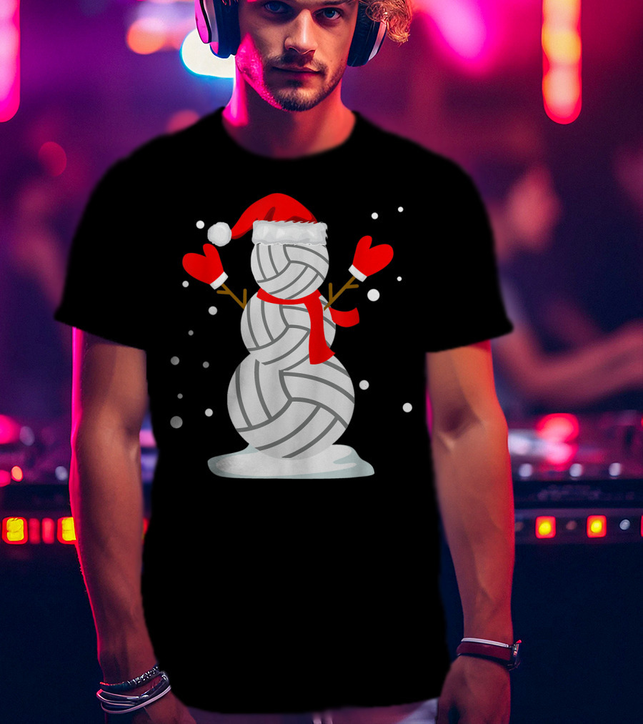 Volleyball Snowman With Santa Hat And Red Mittens T-Shirt