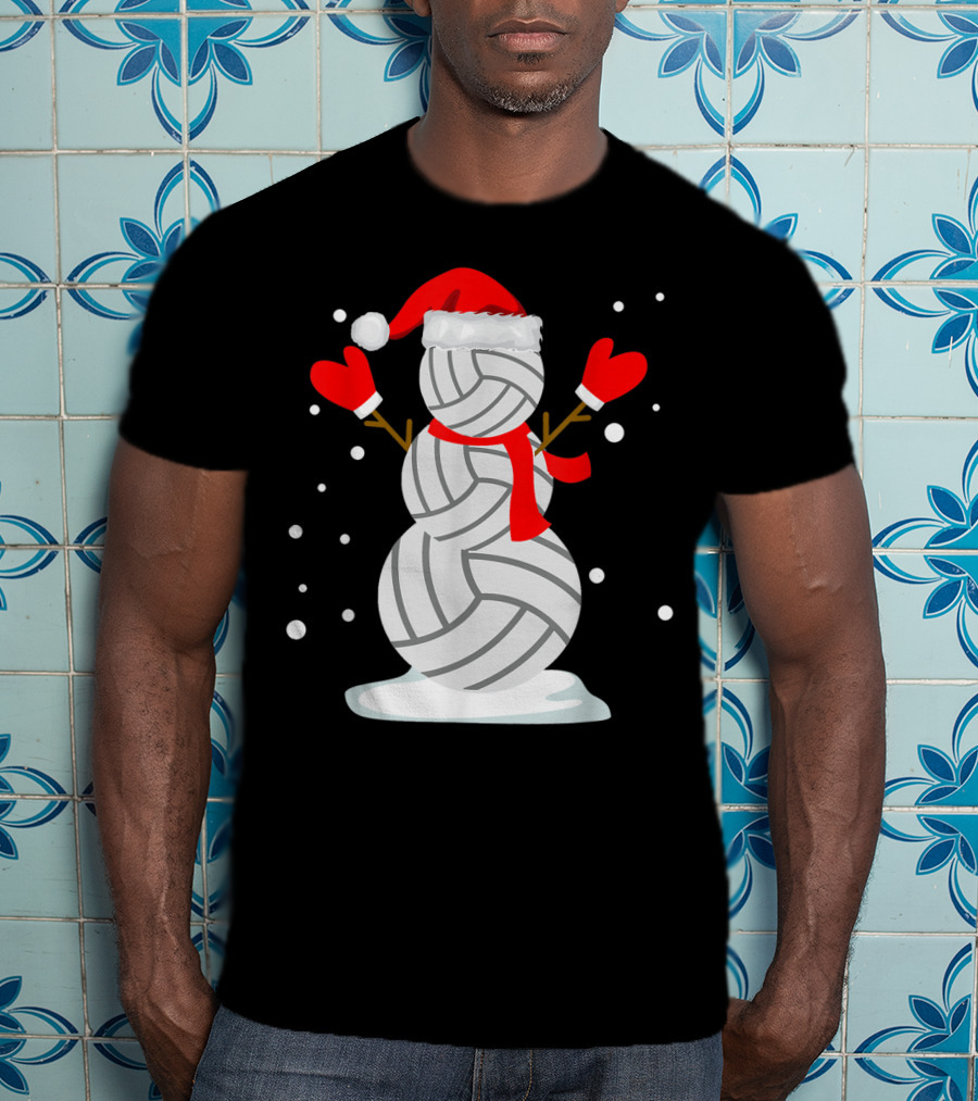 Volleyball Snowman With Santa Hat And Red Mittens T-Shirt