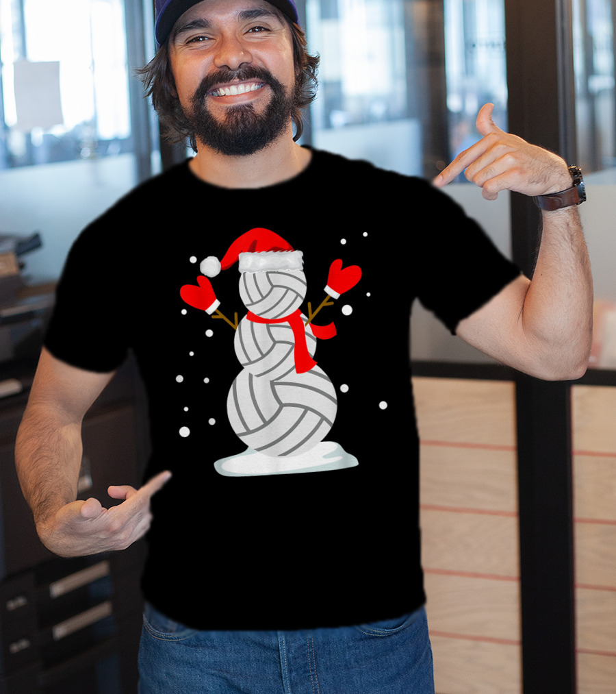 Volleyball Snowman With Santa Hat And Red Mittens T-Shirt
