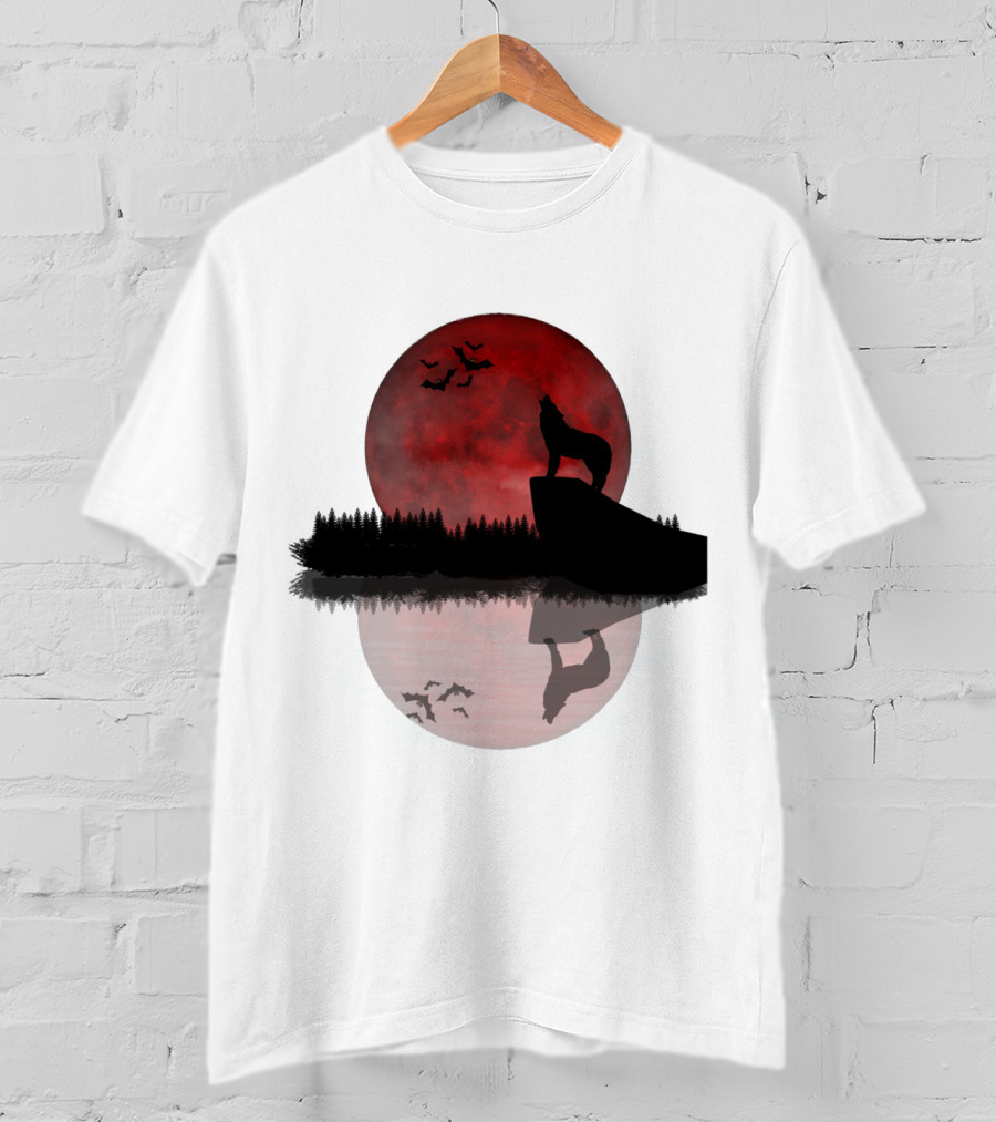 Wolf Howling At Blood Moon With Bats Silhouette And Starry Night Reflection T-Shirt