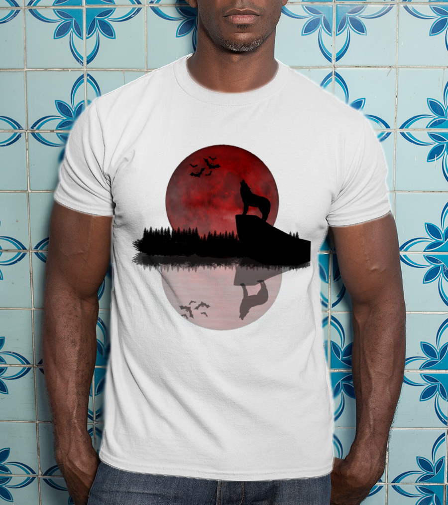Wolf Howling At Blood Moon With Bats Silhouette And Starry Night Reflection T-Shirt