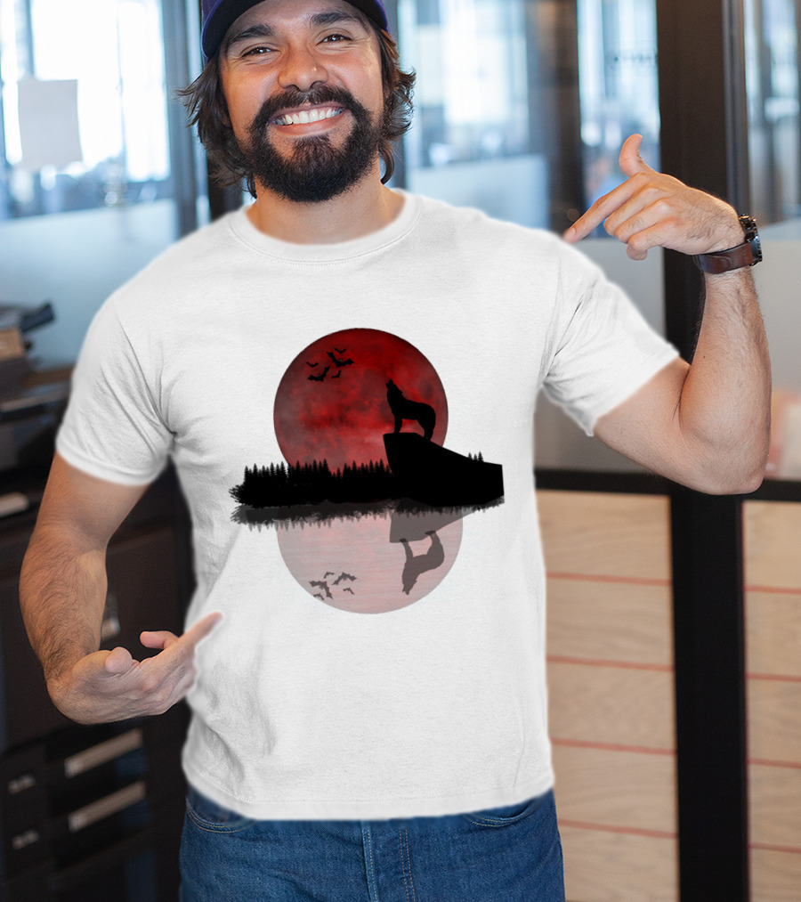Wolf Howling At Blood Moon With Bats Silhouette And Starry Night Reflection T-Shirt
