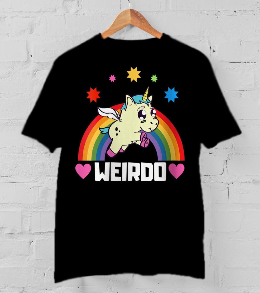Weird Funny Weirdo Outcast Unicorn Rainbow Hearts Stars T-Shirt