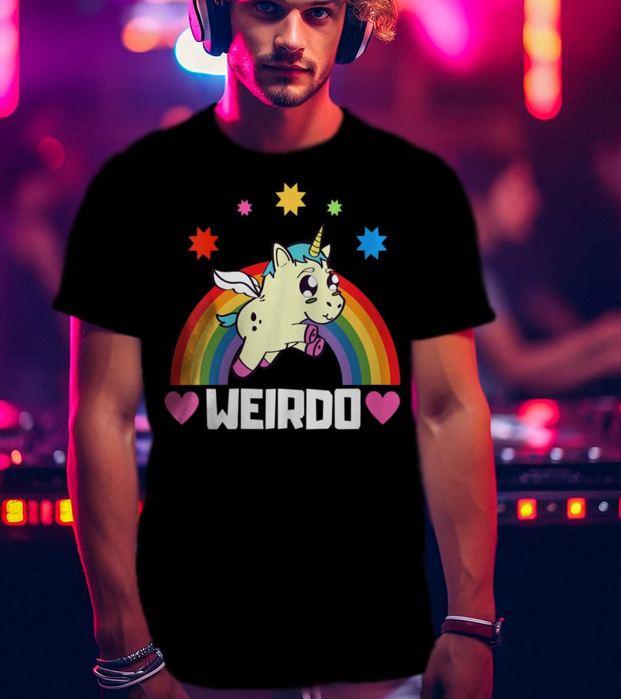Weird Funny Weirdo Outcast Unicorn Rainbow Hearts Stars T-Shirt