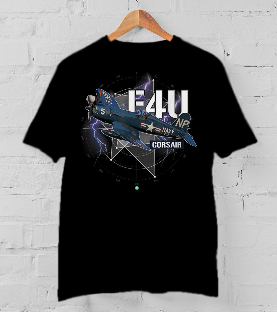 F4U Corsair Navy WWII Plane With Lightning Background T-Shirt