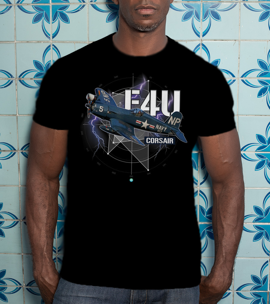 F4U Corsair Navy WWII Plane With Lightning Background T-Shirt