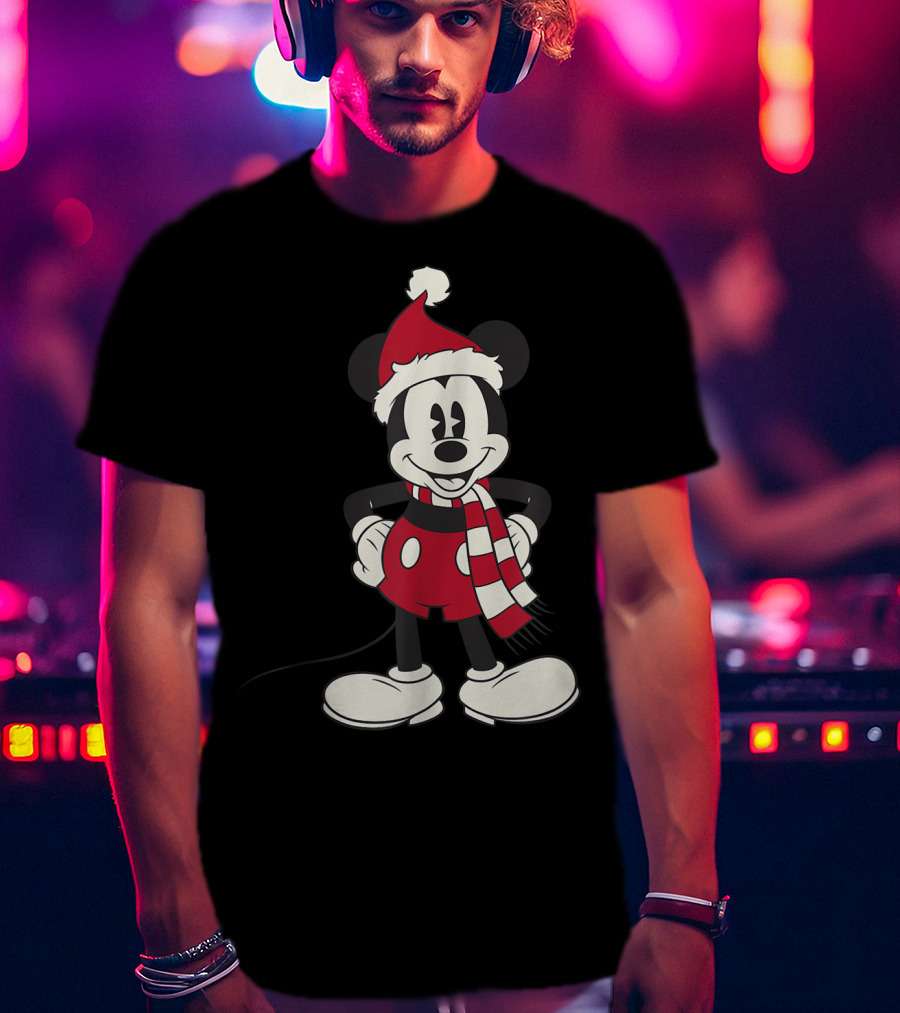 Disney Mickey Mouse Santa Hat And Scarf T-Shirt