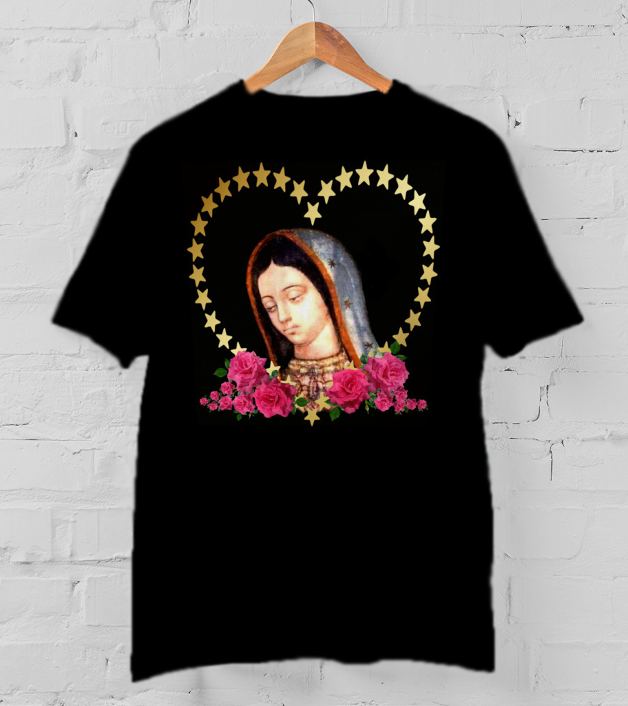 Our Lady Of Guadalupe Mexican Virgin Mary With Gold Stars And Roses T-Shirt