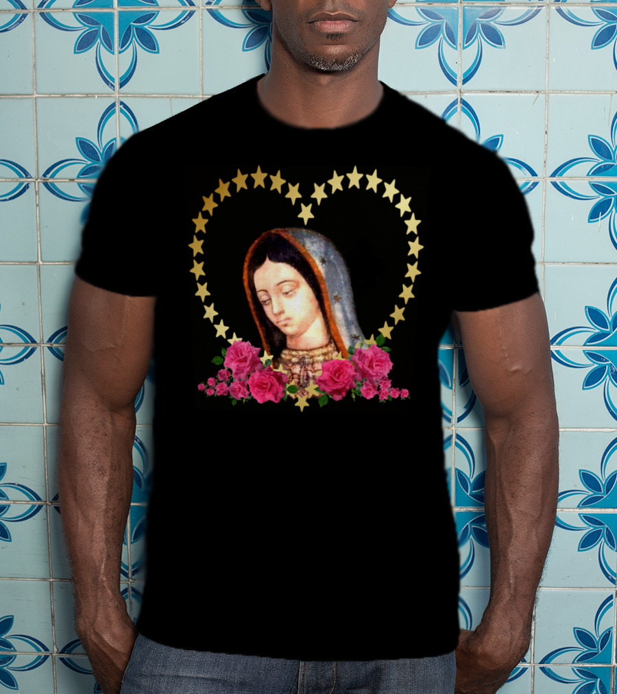 Our Lady Of Guadalupe Mexican Virgin Mary With Gold Stars And Roses T-Shirt