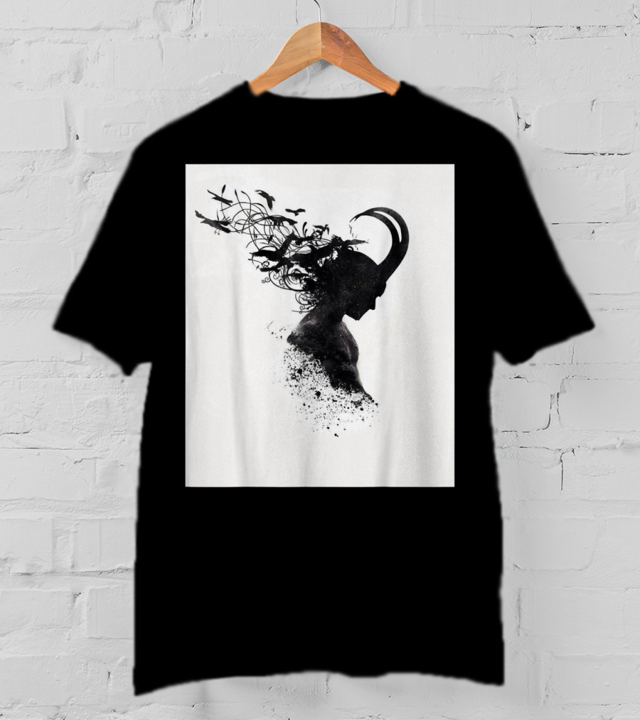 Loki Norse God Of Mischief Silhouette With Birds And Horns T-Shirt