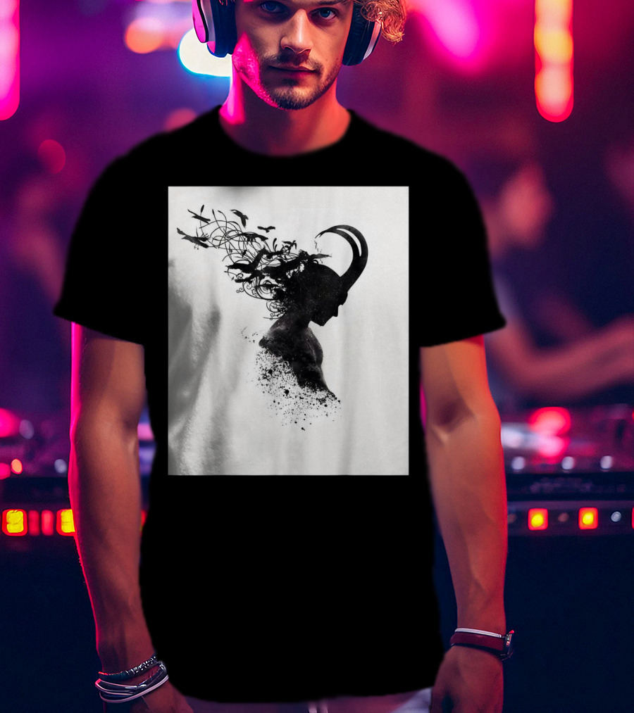 Loki Norse God Of Mischief Silhouette With Birds And Horns T-Shirt