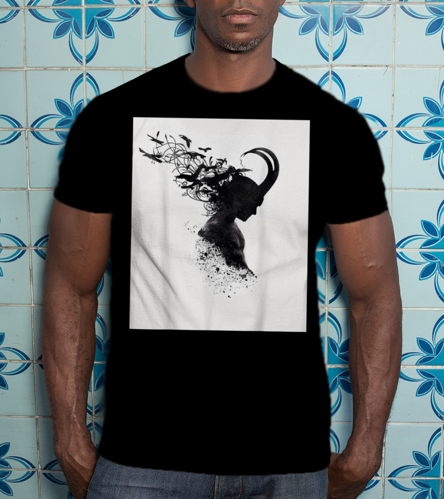 Loki Norse God Of Mischief Silhouette With Birds And Horns T-Shirt