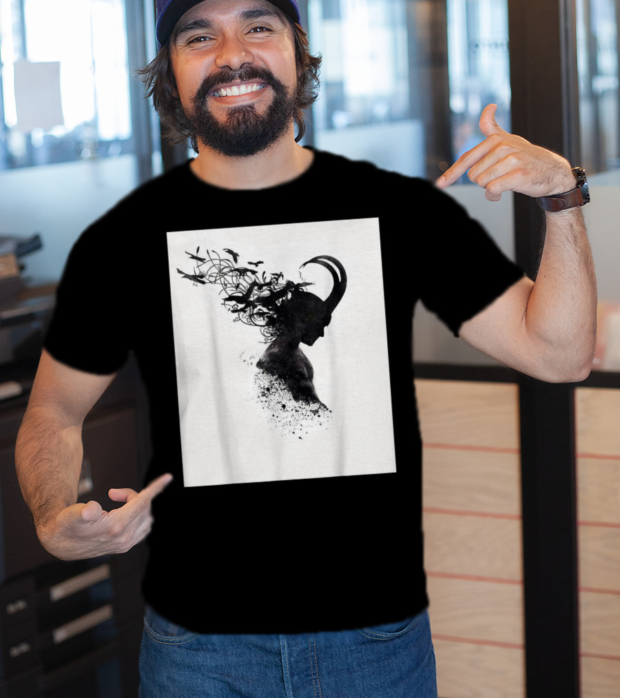 Loki Norse God Of Mischief Silhouette With Birds And Horns T-Shirt