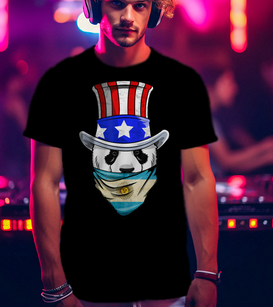 Argentinian Panda Bear In Argentina Bandana Flag With Uncle Sam Hat T-Shirt