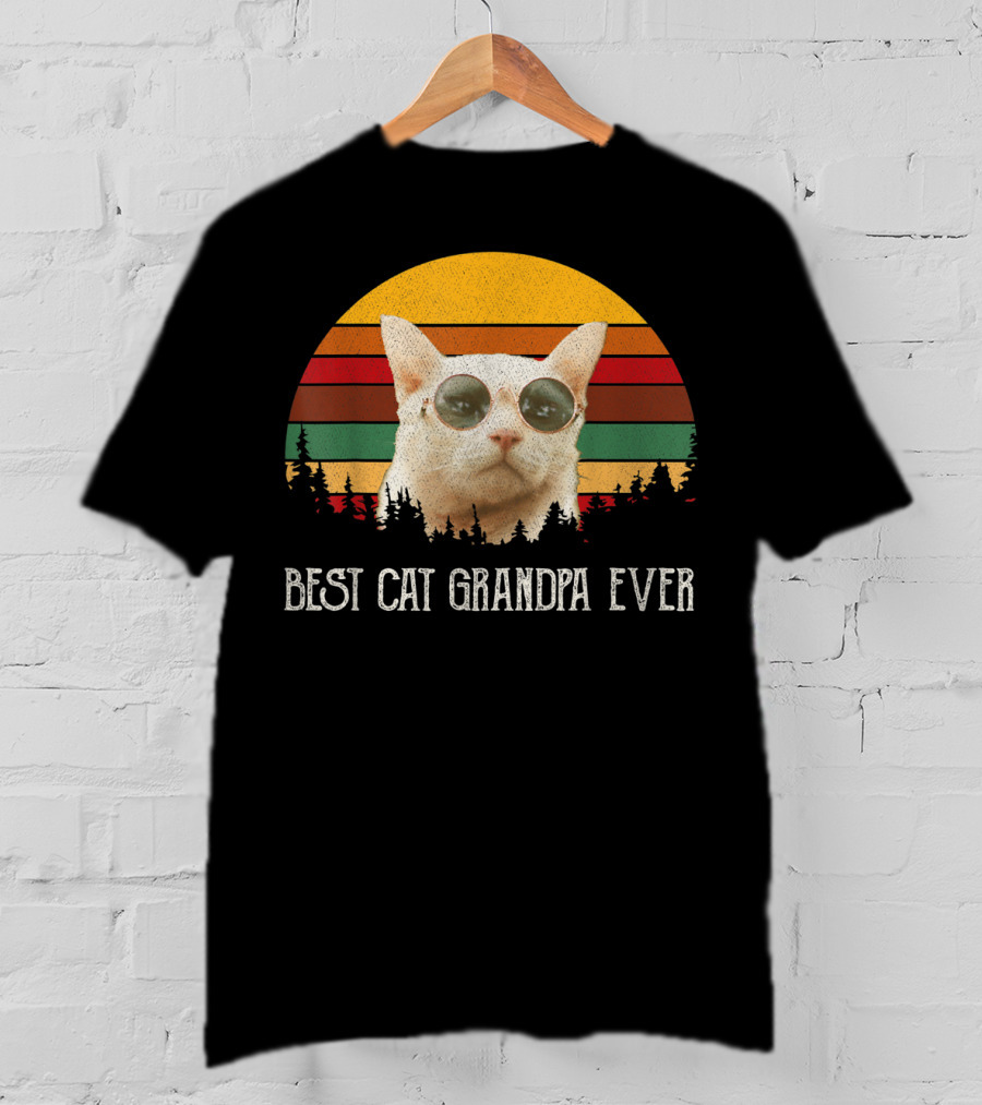 Best Cat Grandpa Ever Retro Cat With Sunglasses And Trees Vintage Sunset T-Shirt