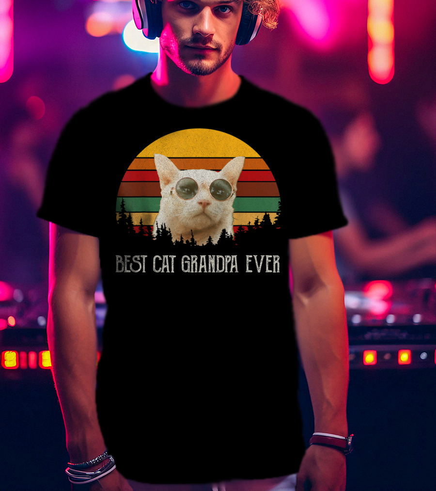 Best Cat Grandpa Ever Retro Cat With Sunglasses And Trees Vintage Sunset T-Shirt