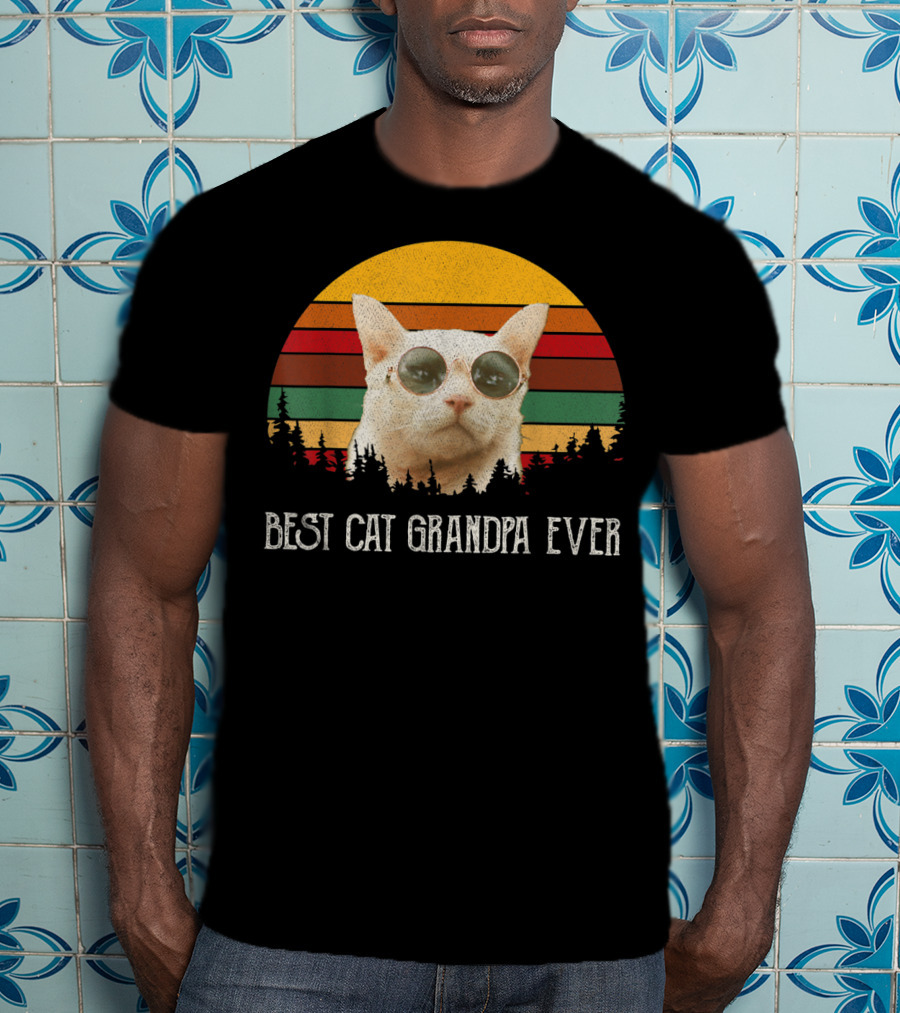 Best Cat Grandpa Ever Retro Cat With Sunglasses And Trees Vintage Sunset T-Shirt