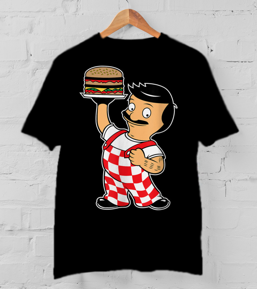 Big Bob Checkered Overalls Burger Mascot T-Shirt