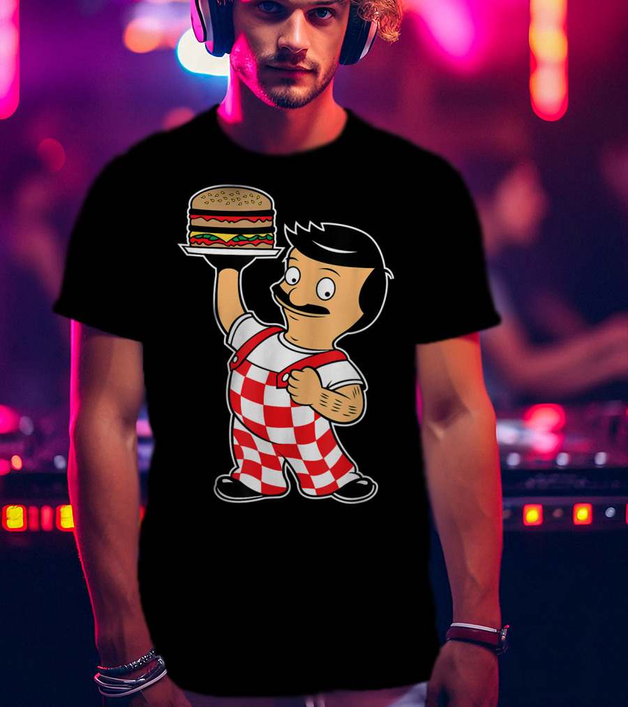 Big Bob Checkered Overalls Burger Mascot T-Shirt