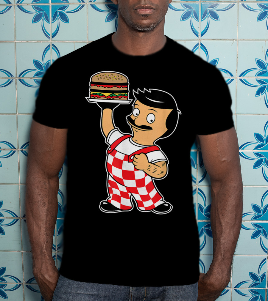 Big Bob Checkered Overalls Burger Mascot T-Shirt