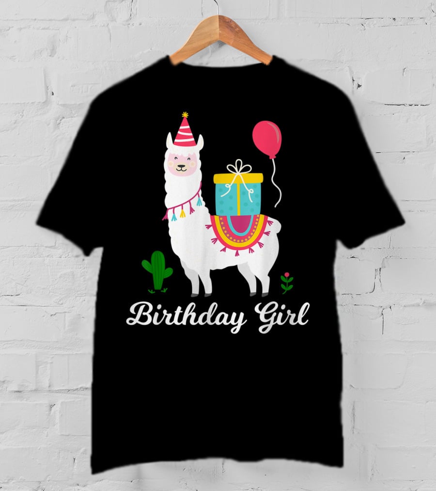 Birthday Girl Cute Alpaca Llama Cactus Balloon Party T-Shirt