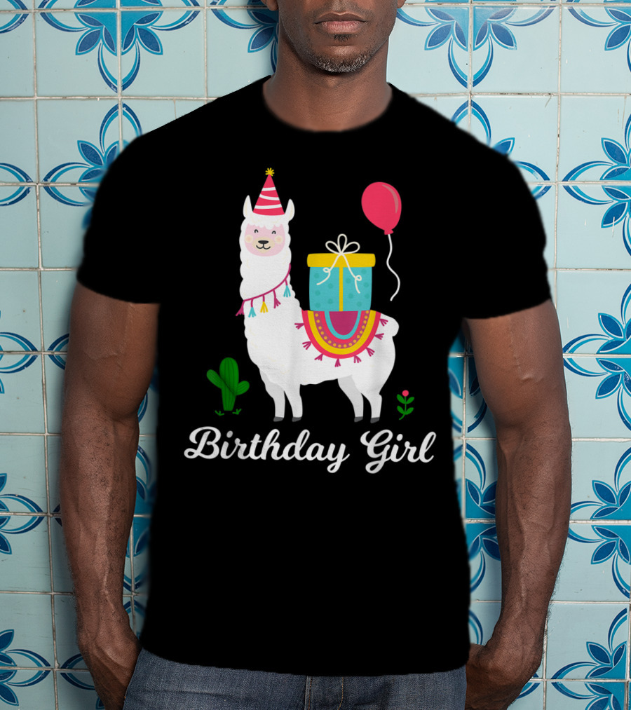 Birthday Girl Cute Alpaca Llama Cactus Balloon Party T-Shirt