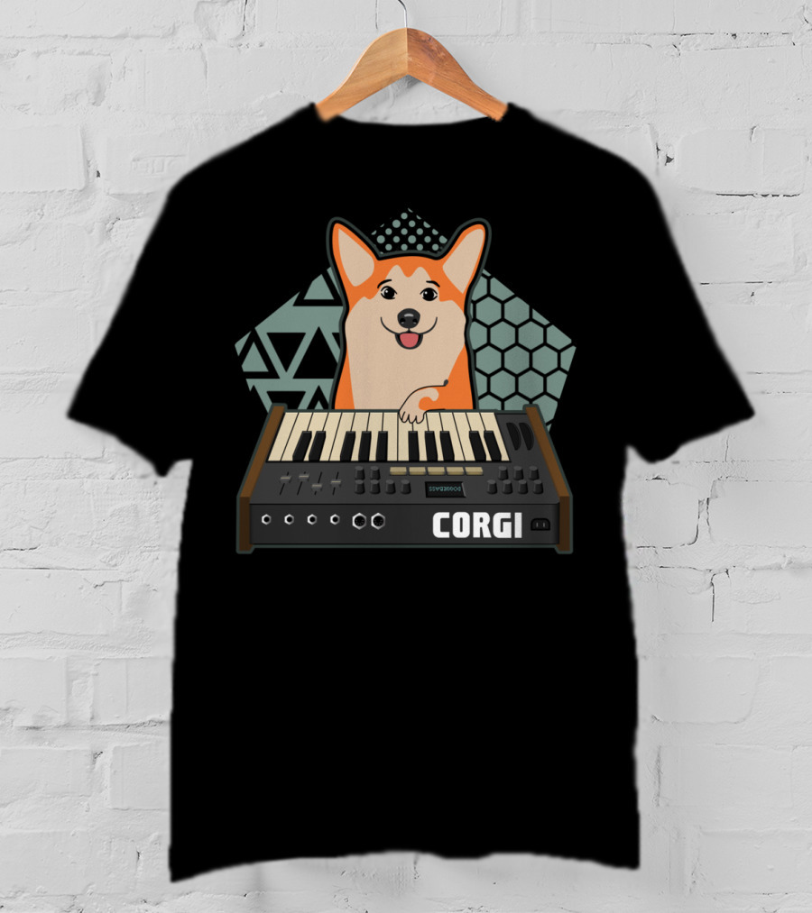 Corgi Synthesizer Musician Dog Lover Hood Keyboard Hexagon Triangles T-Shirt