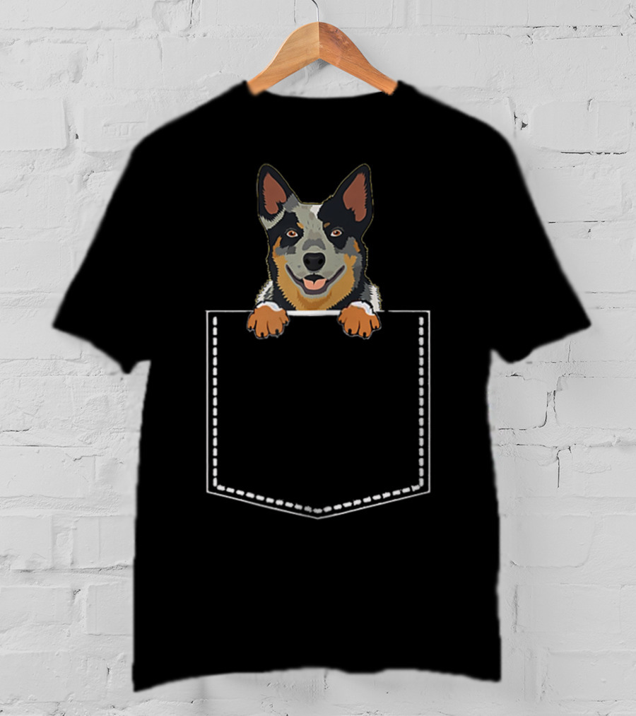 Cute Little Australian Cattle Dog Peeking Out Of Pocket T-Shirt