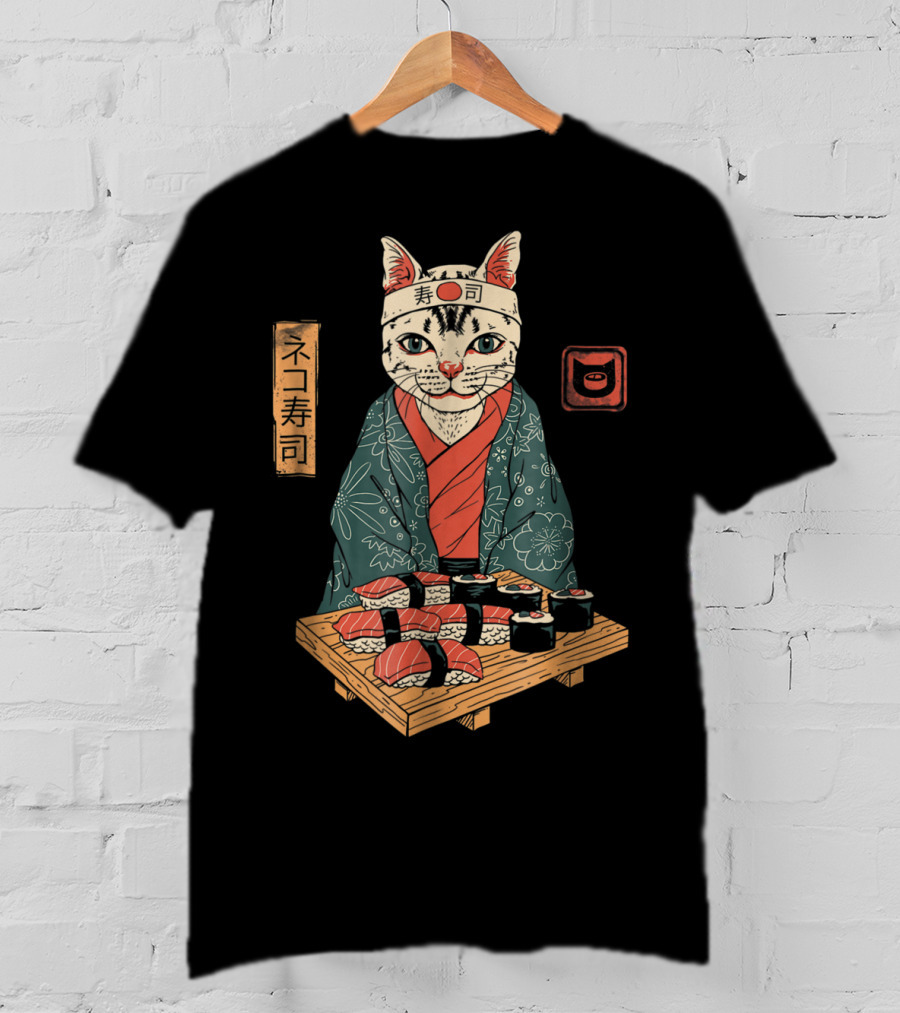Neko Sushi Cat Chef In Kimono With Sushi Platter T-Shirt