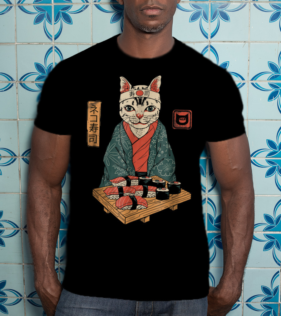 Neko Sushi Cat Chef In Kimono With Sushi Platter T-Shirt