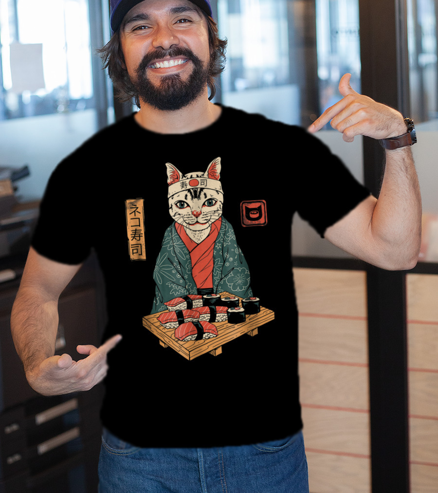 Neko Sushi Cat Chef In Kimono With Sushi Platter T-Shirt