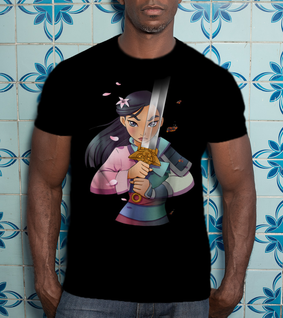 Disney Mulan Anime Half Girl Half Warrior Sword Blossoms T-Shirt